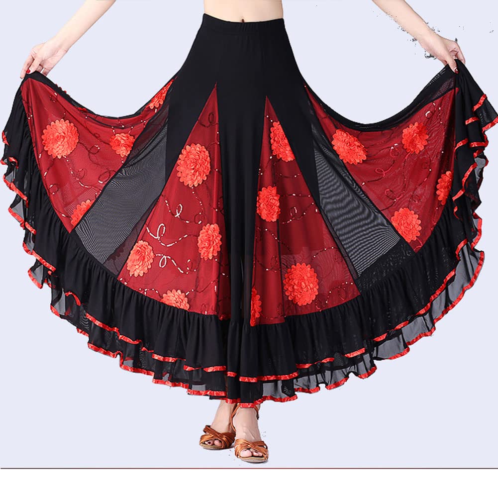 Mujer Falda de Flamenco Práctica de Baile Moderno Falda Larga de Satén con Flores de Lentejuelas Falda con Volantes de Salón Tango Clásica Falda Larga de Swing Falda Plisada Casual