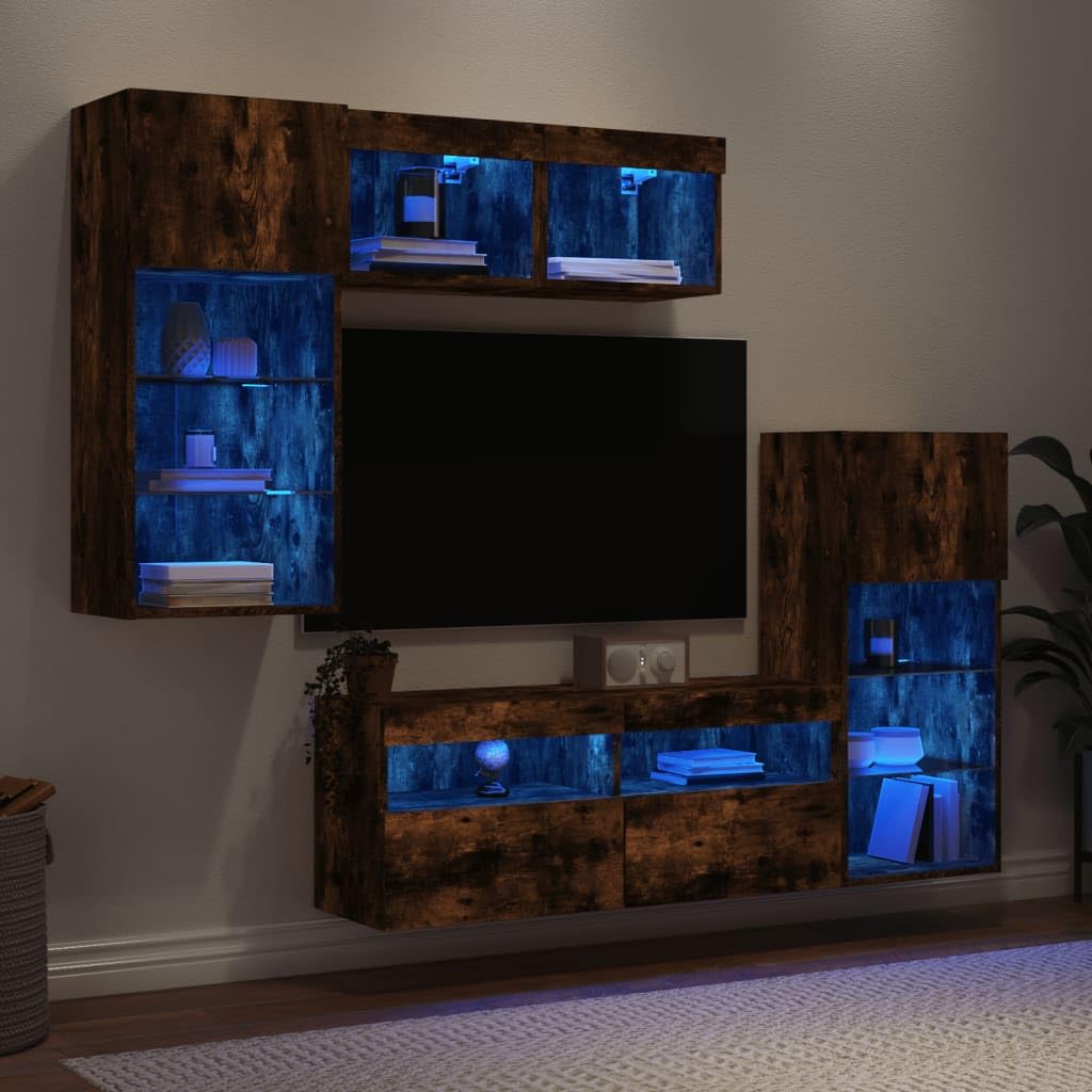 Ścienny zestaw mebli TV z oświetleniem LED RGB, 5-częściowy, w kolorze przydymionego dębu, z szafką pod telewizor i dużą ilością miejsca do przechowywania.