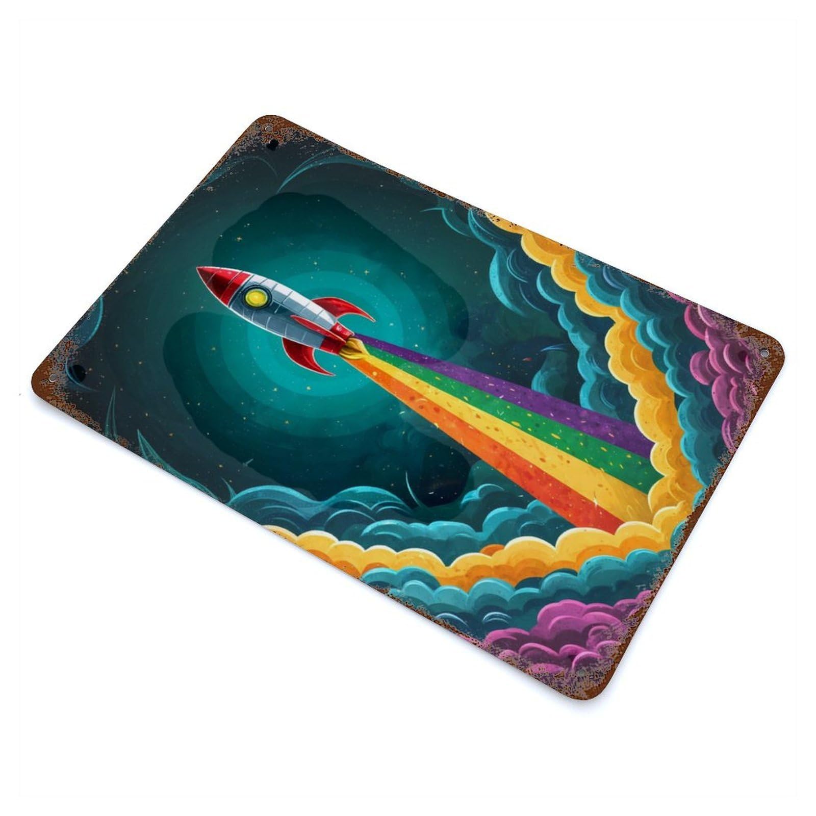 Decorative Tin Sign with Rocket Rainbow Design 11.8"x7.9", for Garage, Bar And Workshop Decor, Farmhouse Wall Decor