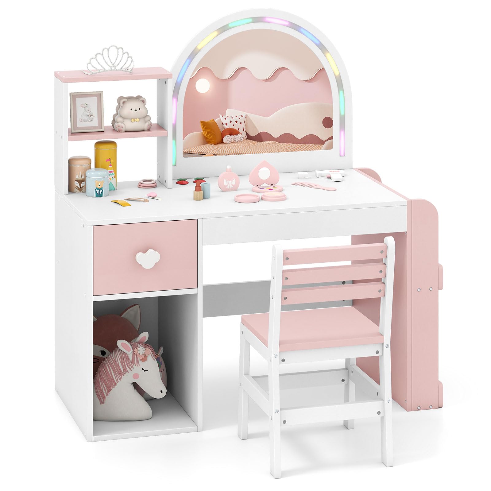 COSTWAY Tocador de Maquillaje Niña, Tocador Niña con Silla Ergonómica, Espejo Iluminado, Estantería de 2 Niveles y Cajón de Almacenamiento, Juego de Mesa de Maquillaje para Niños de 3+ Años (Blanco)
