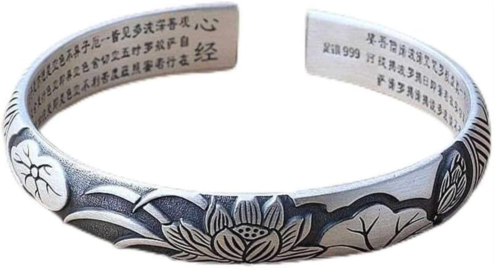 Bracciale in argento, bracciale rigido alla moda, bracciale rigido in argento 999 opaco con goffratura Bracciale aperto con fiori femminili Bracciale con detti buddisti antichi confezionato in scatola