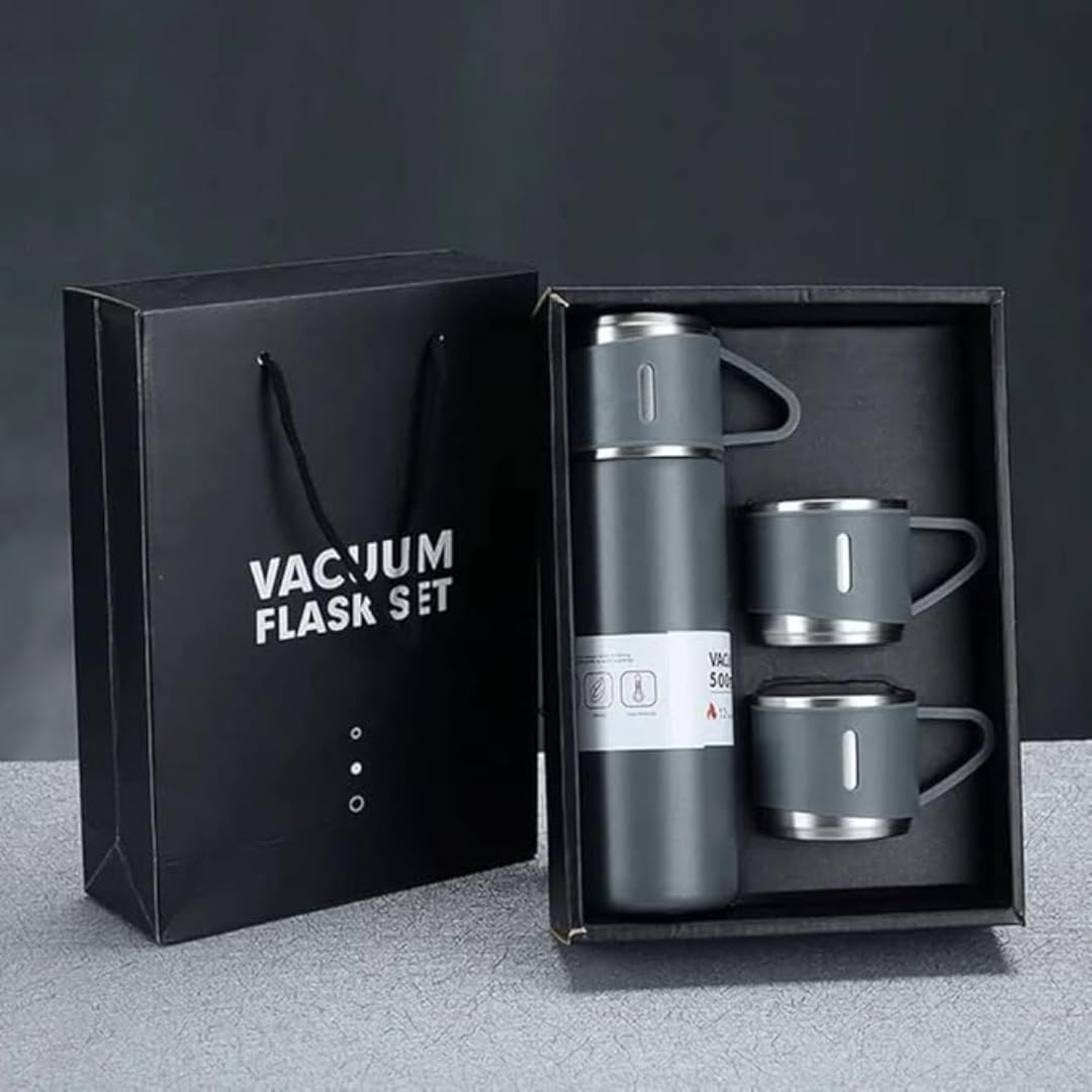 Vacuum Flask Gift Set 500ml Thermos with 3 Insulated Cups | Leakproof Stainless Steel Double Wall Hot & Cold Bottle | Premium Luxury Gift Box for Office, Travel & Corporate Gifting (Grey)