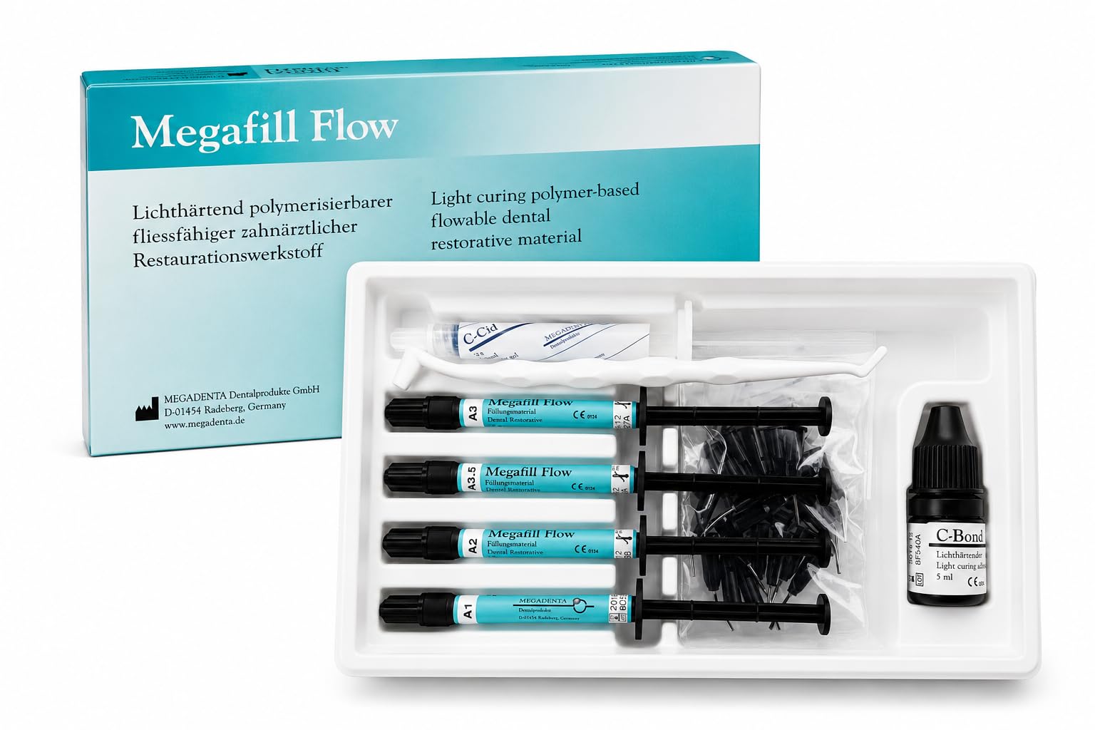 Megafill Flow Starter Kit – Kit composito fluido fotopolimerizzabile con Bonding, Gel Mordenzante ed Accessori – 4 siringhe (A1, A2, A3, A3.5) – Made in Germany