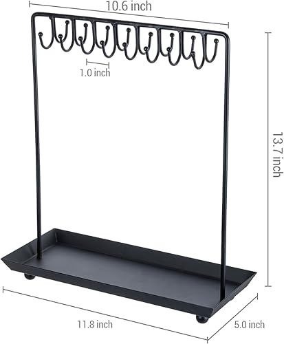 Miniatura 5 de MyGift Soporte de joyería de metal negro para mujer, soporte organizador de joyas para collares con 20 ganchos y bandeja para anillos, poste