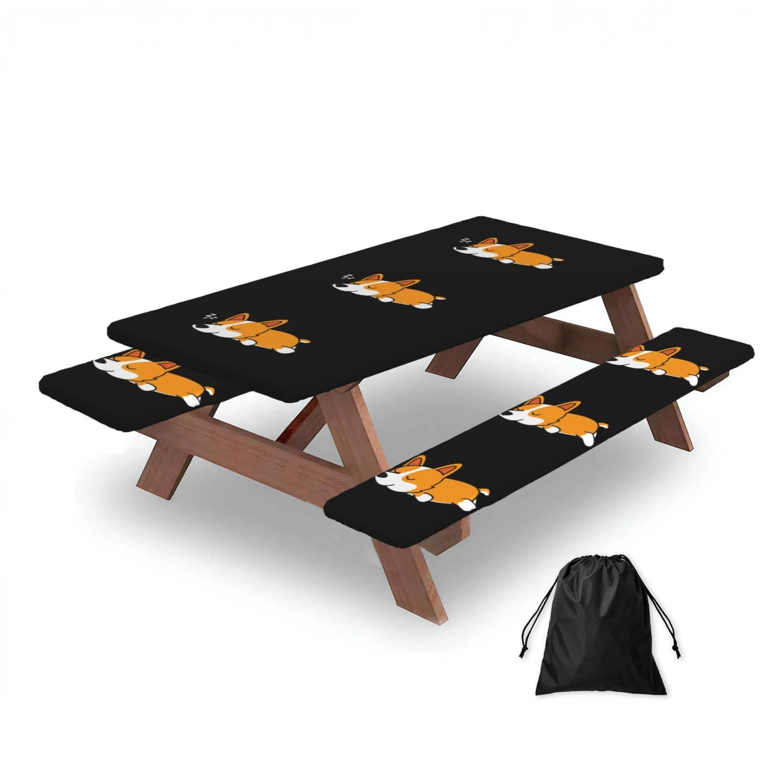 Dopklna As Picture Cute Corgi Sleeping, Picnic Table Cover With Bench Covers -Waterproof Elastic Fitted Tablecloth For Garden Camping Patio 76X152cm