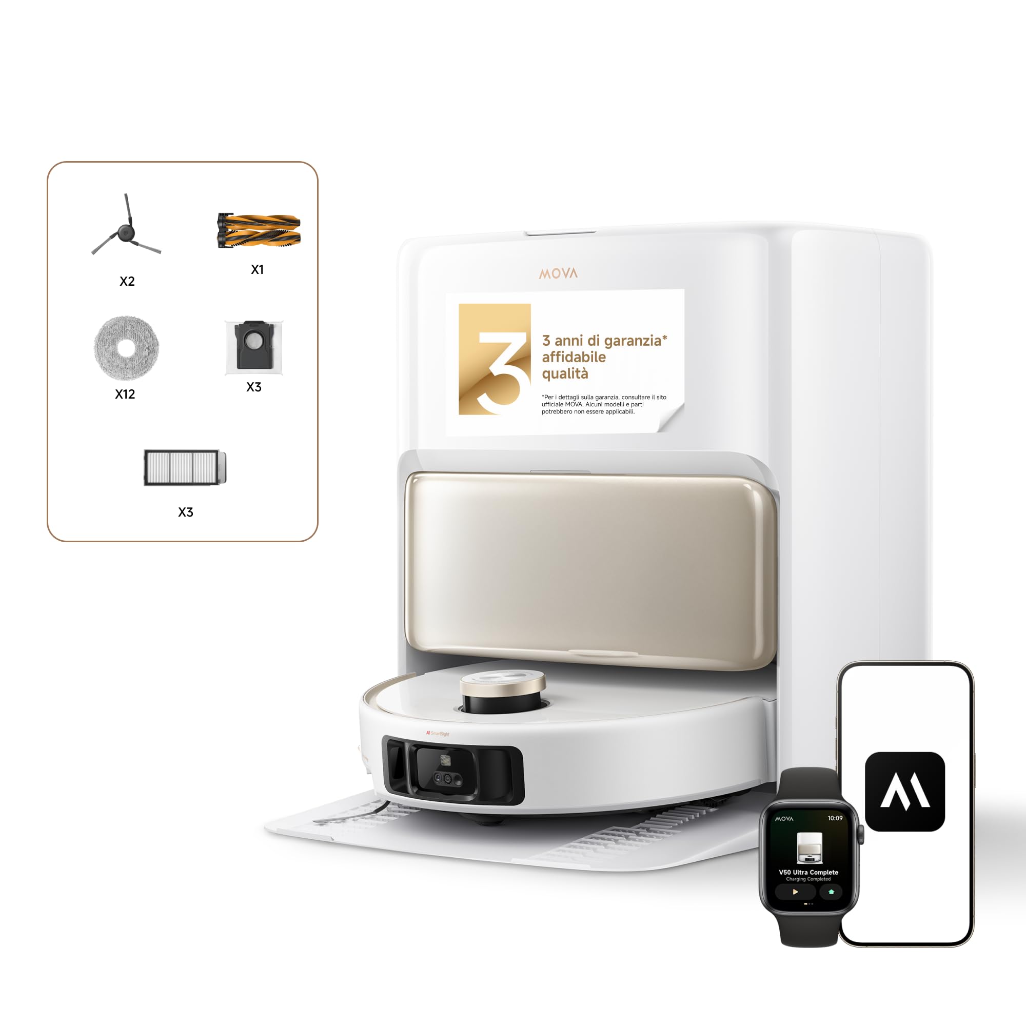 Mova V50 Ultra Complete Robot Aspirapolvere e Lavapavimenti, Potenza di Aspirazione da 24.000 Pa, con Svuotamento Automatico, Lavaggio Termico con Sistema Aoppia Soluzione, Sistema StepMaster, Bianco