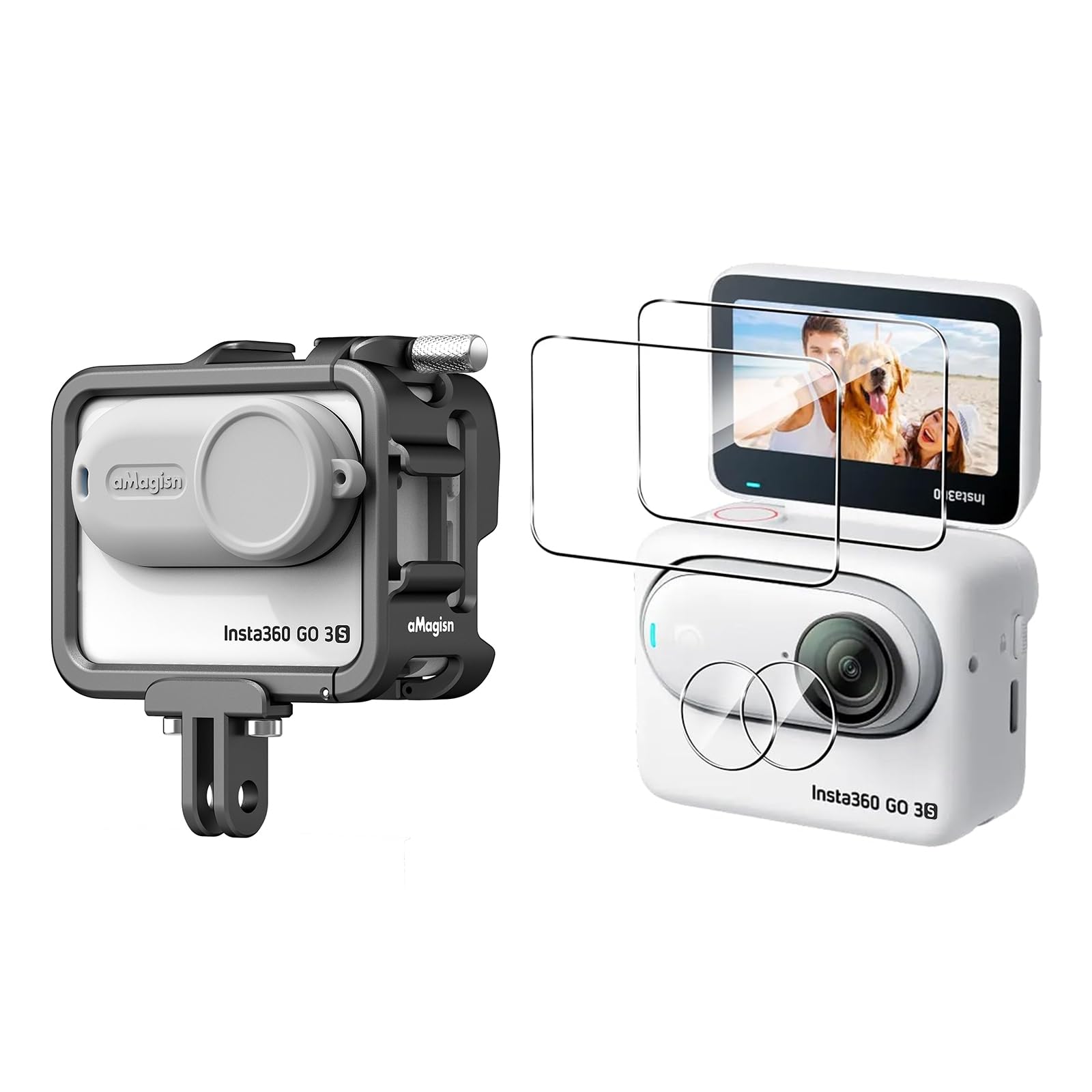 Rszfnjxry Gabbia in alluminio con lente in silicone per Insta360 GO 3S/GO 3, custodia protettiva in metallo durevole con supporto per scarpa fredda