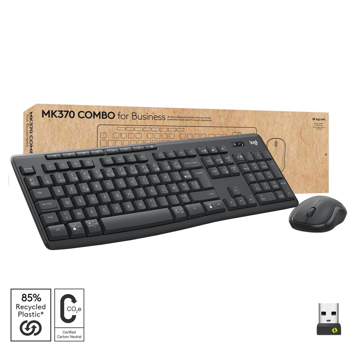 Logitech MK370 Combo for Business, Clavier sans Fil Taille Standard et Souris sans Fil, Récepteur USB Logi Bolt Sécurisé, Bluetooth, Windows/Mac/Chrome, Linux, Clavier Français AZERTY - Gris | Disposition ‎AZERTY francais