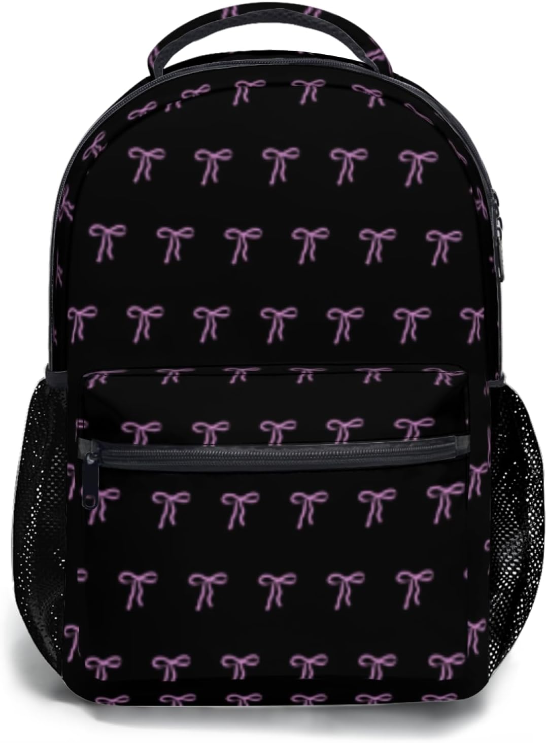 Cute Bow Backpack for Girls Lightweight School Backpack with Front Pocket & Side Mesh Black Pink Pattern Bookbag for Elementary Middle School Students Back to School Daily Use