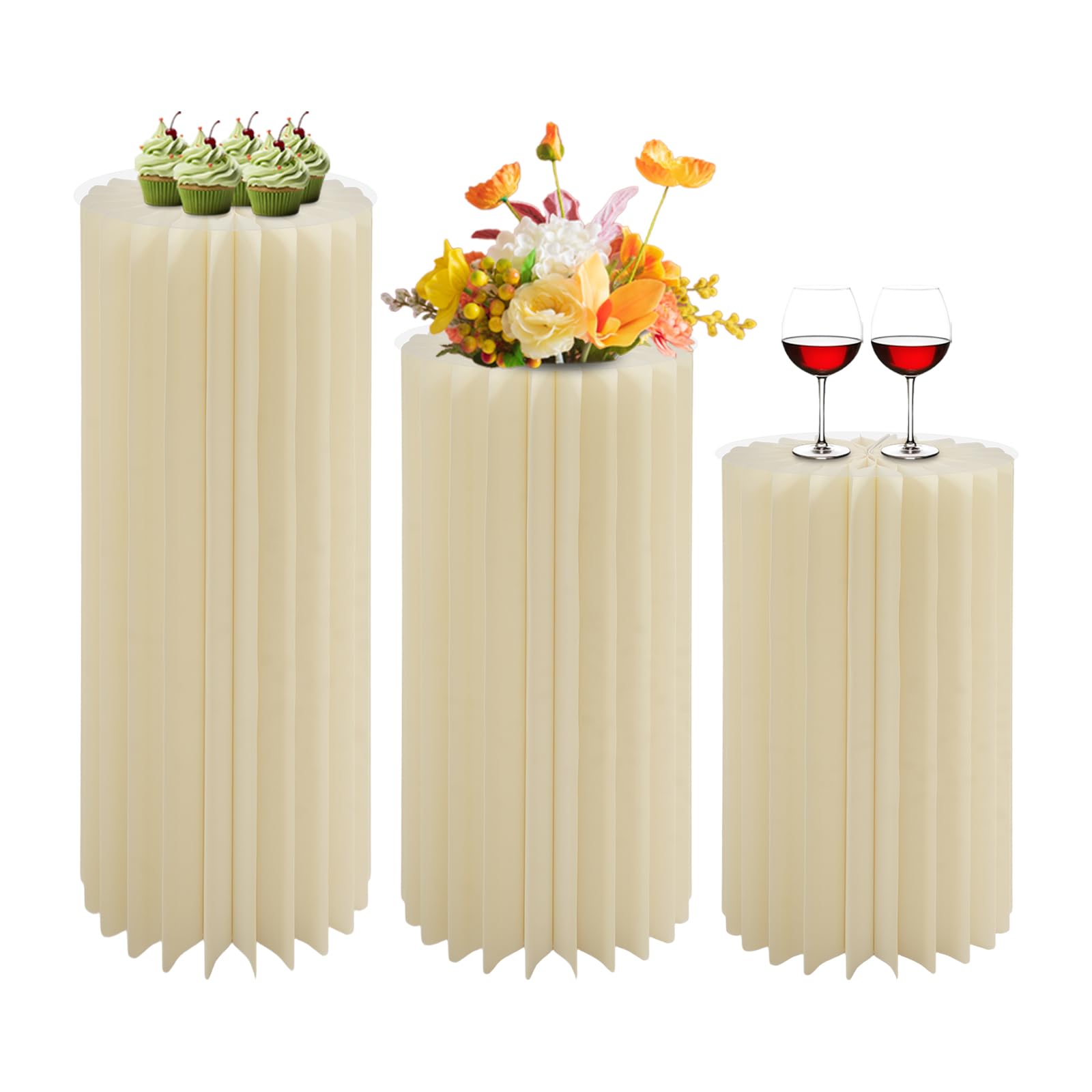 3PCS Hochzeit Karton Blumensäule Vasen mit Weißem Stoffbezug, Faltbarer Blumenständer Dekosäule Weiß Zylinderförmige Blumenständer für Hochzeit Verlobung Geburtstag Tischdekoration