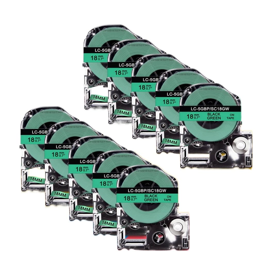 18mm 10pk SS18KW Tappeti di etichetta compatibile per le stampanti LW-400 LW-600P Works con ESPON ST18KW SC18RW SC18YW SC18BW SC18GW LabelWorks(Black on Green)