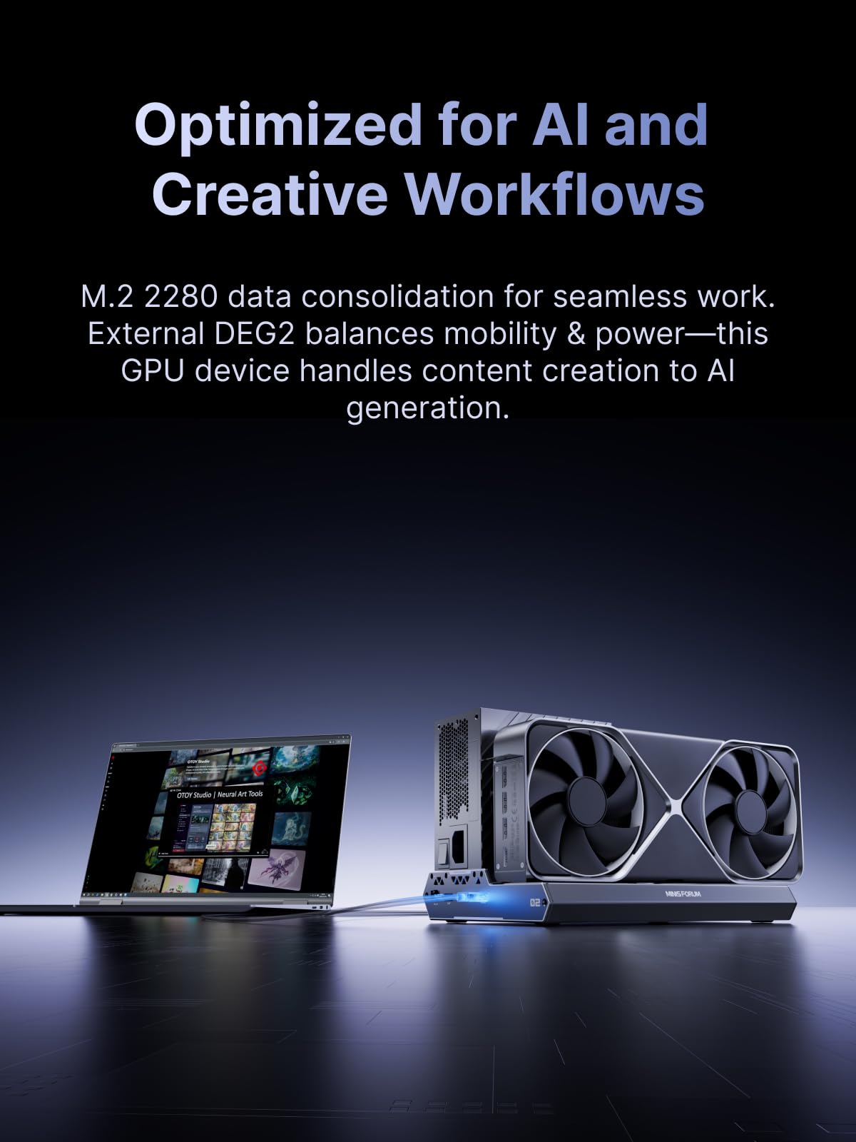 MINISFORUM DEG2 Thunderbolt 5 et station d'accueil eGPU OCuLink, boîtier GPU externe Dual-Link 80 Gbit/s avec fente M.2 NVMe, prend en charge les alimentations universelles ATX/SFX