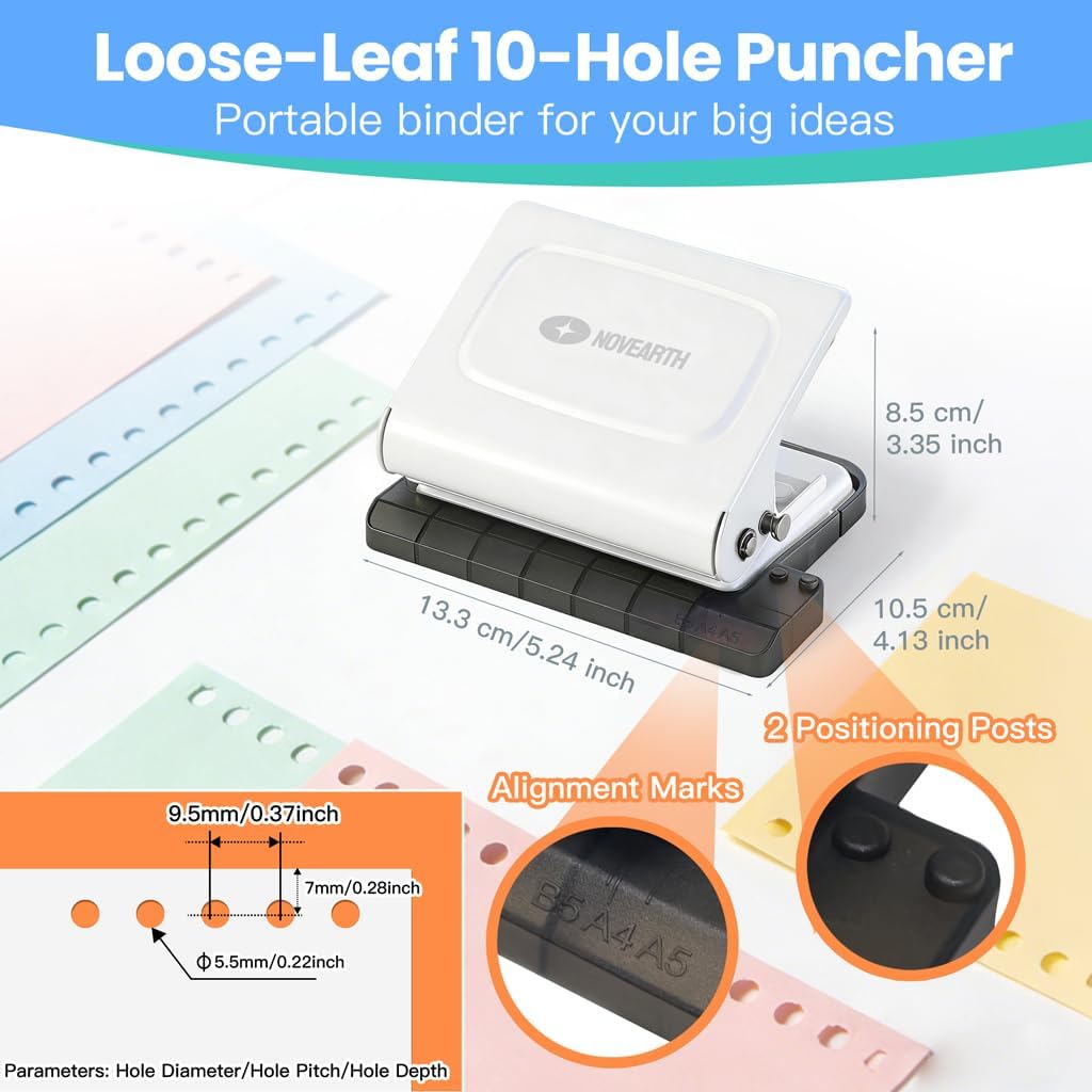 10-Hole Binding Machine for Planners, Metal Loose Leaf Punch Tool,26 Holes for B5, 30 for A4, 20 for A5 Paper, Handheld Manual Notebook Puncher for Home Office School DIY Project