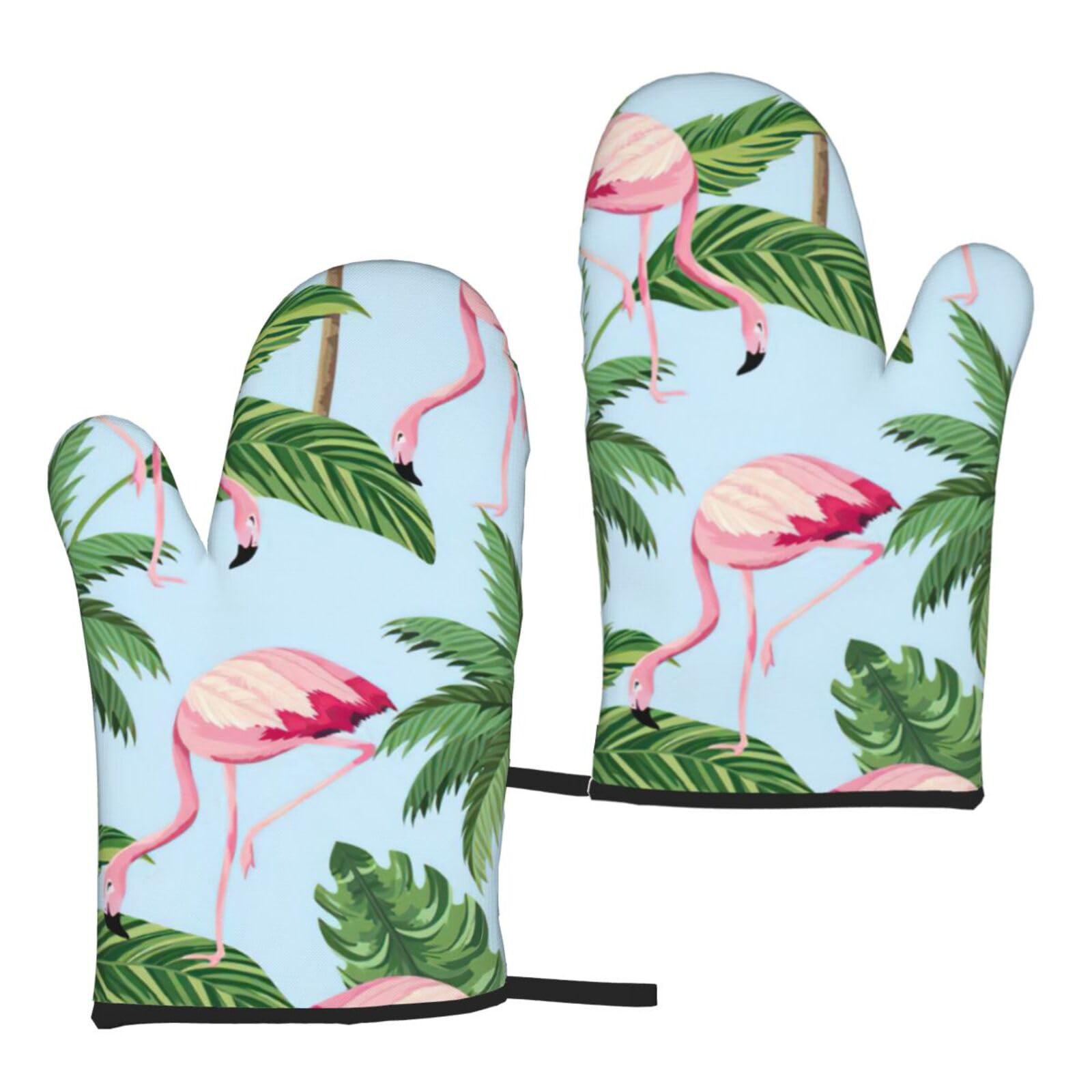 Nimongt Women's Black Tropical Flamingos Print Adults Universal Fit Heat Resistant Oven Gloves Reusable Cooking Outdoor Grilling