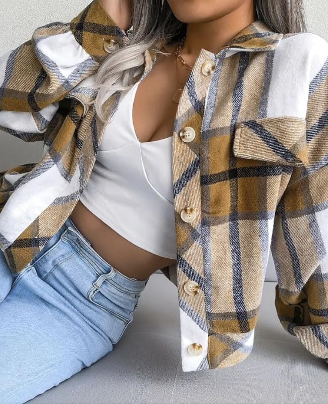 Aluxora Cropped Flannel Jacket,Aluxora Cropped Plaid Flannel Jacket,Long Sleeve Button Down Coat Tops for Woman4