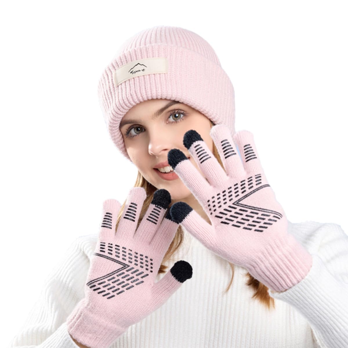 Winter Cap for Women Stylish Beanie Hat with Gloves, 2 in 1 Knit Fashion Warm Winter Caps for Women and Touchscreen Gloves Set, Gift for Ladies
