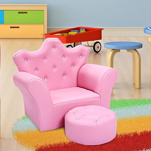 Miniatura 9 de DORTALA Sofá para niños con otomano sofá de princesa rosa con forma de corona y cristal incrustado sillón tapizado de cuero de PVC con marco de