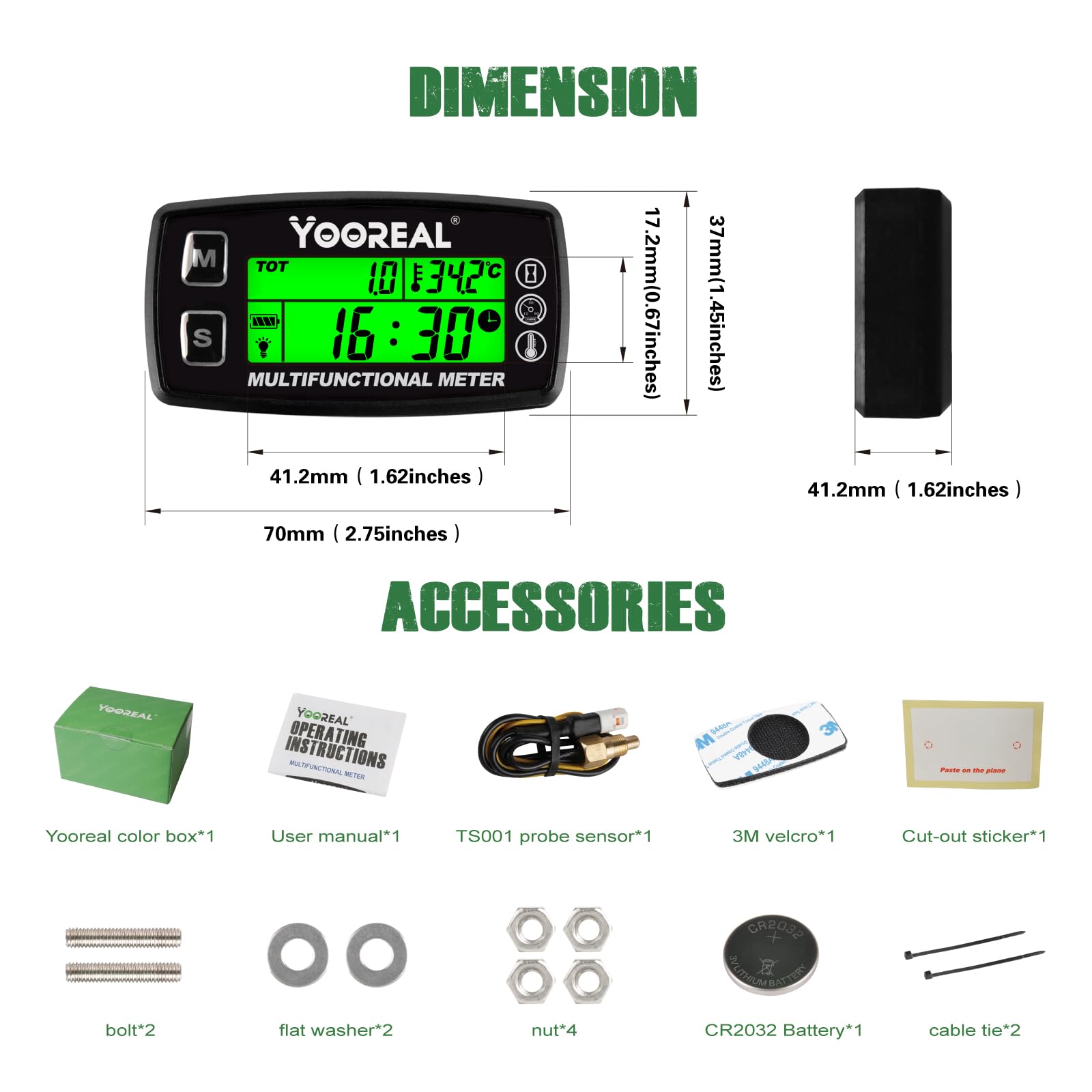 Yooreal Motorwasseröltemperaturanzeige Digitaler Drehzahlmesser, Betriebsstundenzähler,Alarmdrehzahl und Temperatur, Hintergrundbeleuchtung Anzeige für Rasentraktor, Kompressor, Generator, Schneemobil