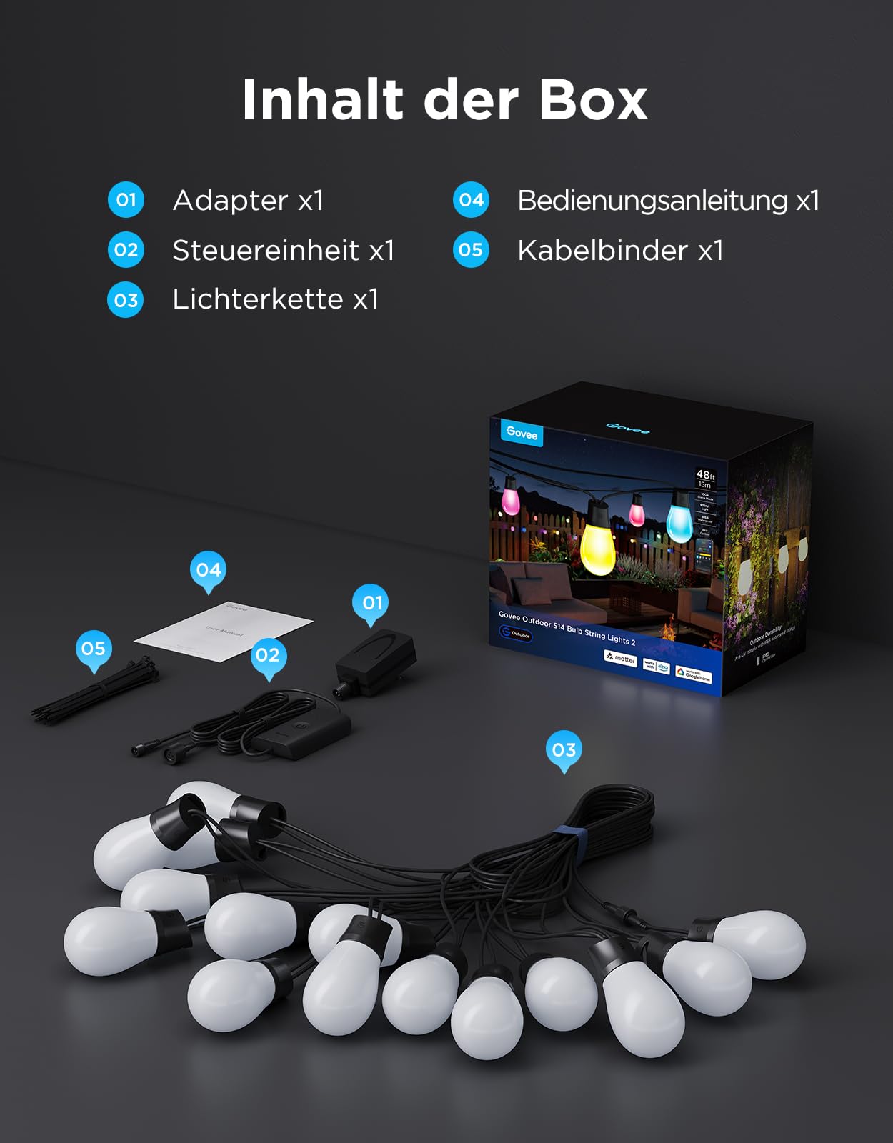 Govee Lichterkette Außen 15M, RGBICW 65lm pro LED, App&WiFi Steuerung,IP66 | 16 Mio. DIY-Farben, 111+ Szenen, Musik Sync, Matter/Alexa/Google, Lebensdauer 25000h, Einf. Montage, Garten/Balkon/Terrasse
