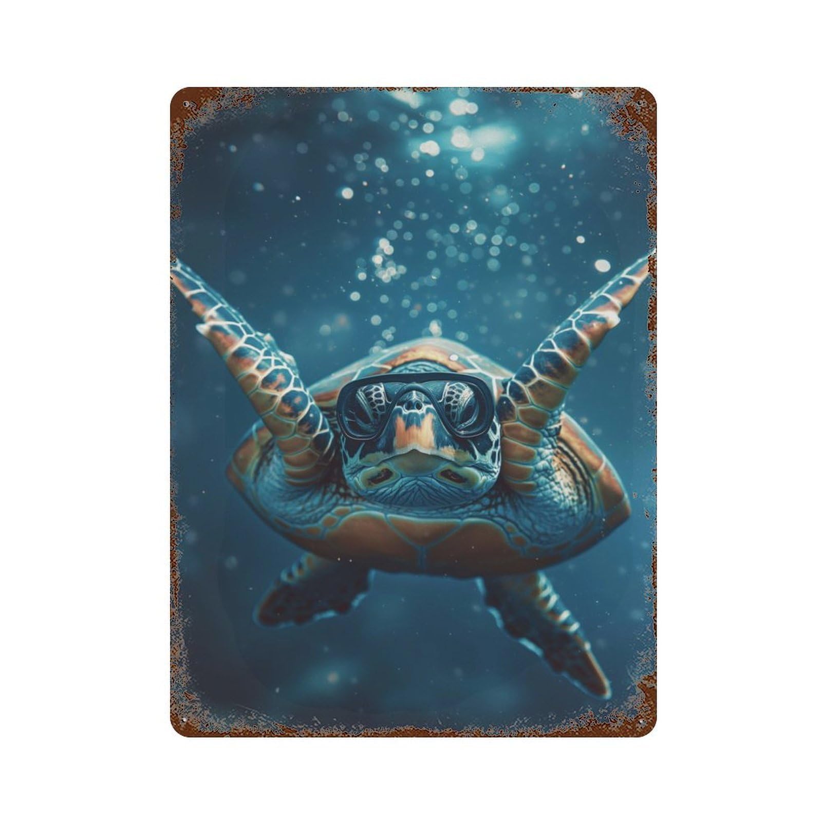 Rust Effect Turtle Diving Blue Ocean Weathered Tin Sign 15.7"x11.8", Farmhouse Wall Decor for Farmhouse, Kitchen And Entryway Decor