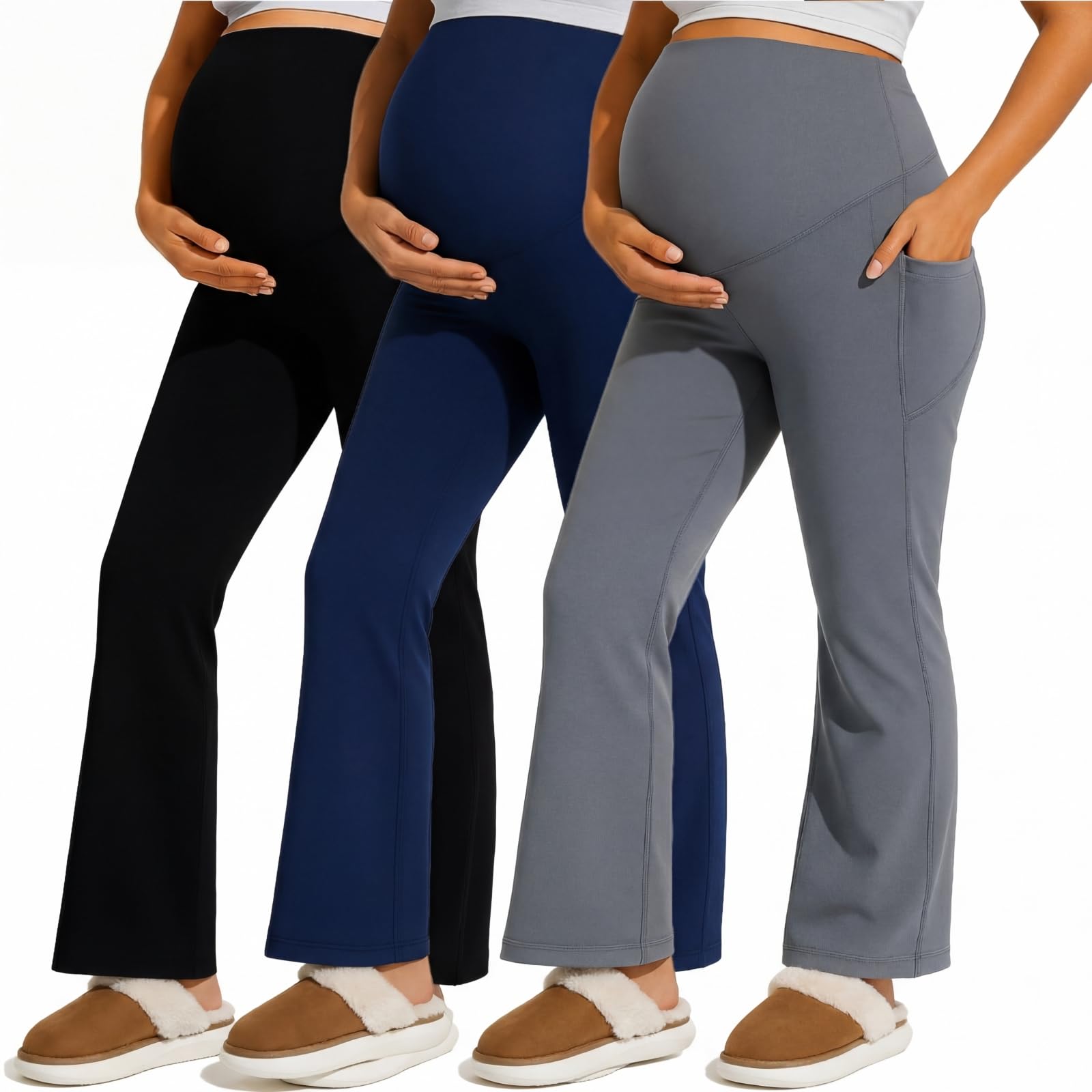 Coume 3er-Pack Schwangerschaftshosen für Frauen, dehnbare Schwangerschaftsleggings mit Taschen über dem Bauch, Bootcut-Yogahose