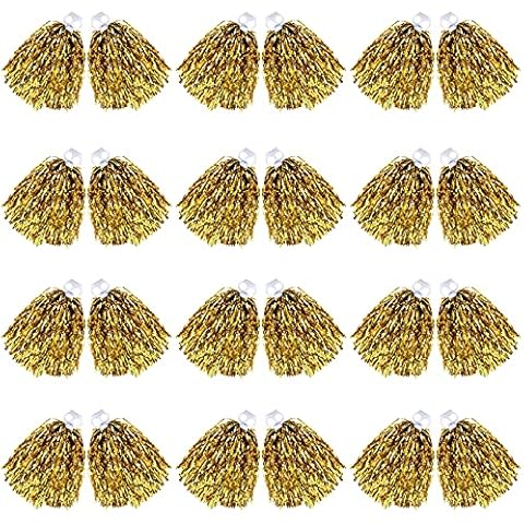 JOENCOST 24Pcs Bright Metallic Cheerleading Pom Poms, Foil Flower Ribbons Cheerleader Pom Poms with Finger-Friendly Ring for Adults Kids Girls Team Spirit Sports Dance Cheering(Gold)… Cover