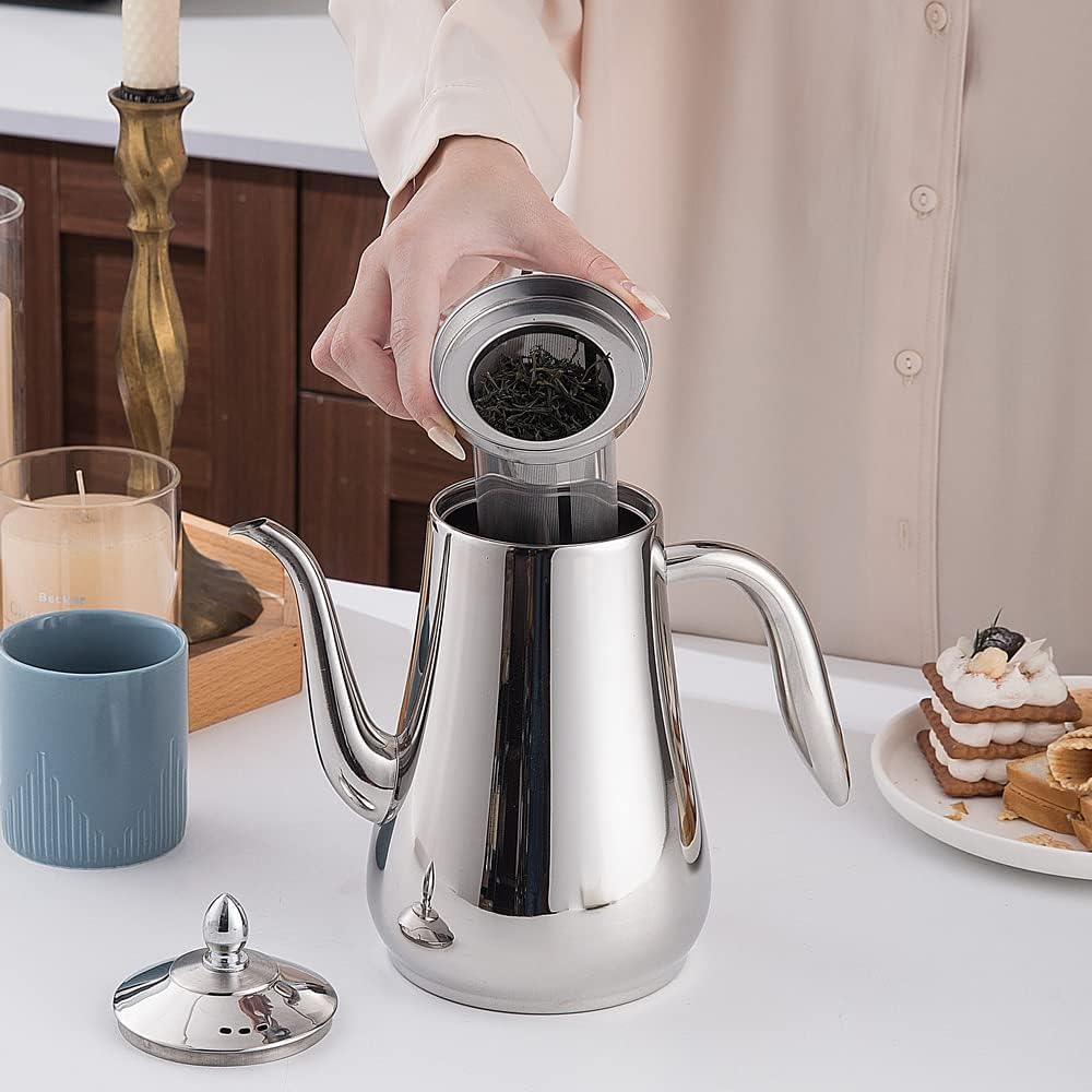 1750ml Théière en acier inoxydable avec infuseur Style moderne，Bouilloire de grande capacité, cafetière goutte à goutte, bouilloire froide,argent