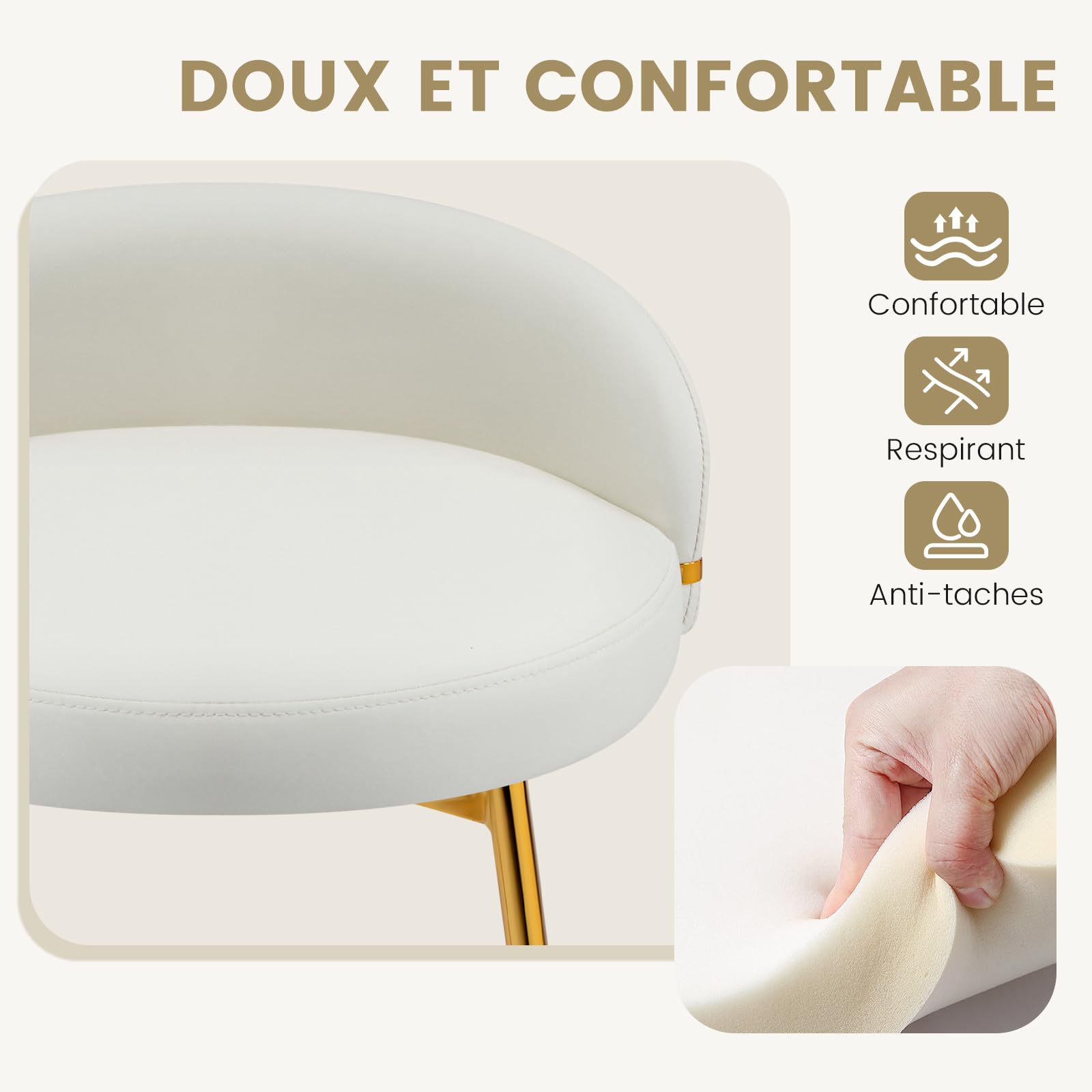 Hellove Tabouret Coiffeuse avec Pieds en Métal Doré, Tabouret de Maquillage Moderne Rond, Chaise de Coiffeuse en Cuir, Stool de Pied avec Dossier Courbé pour Salle À Manger, Chambre, Salon, Blanc