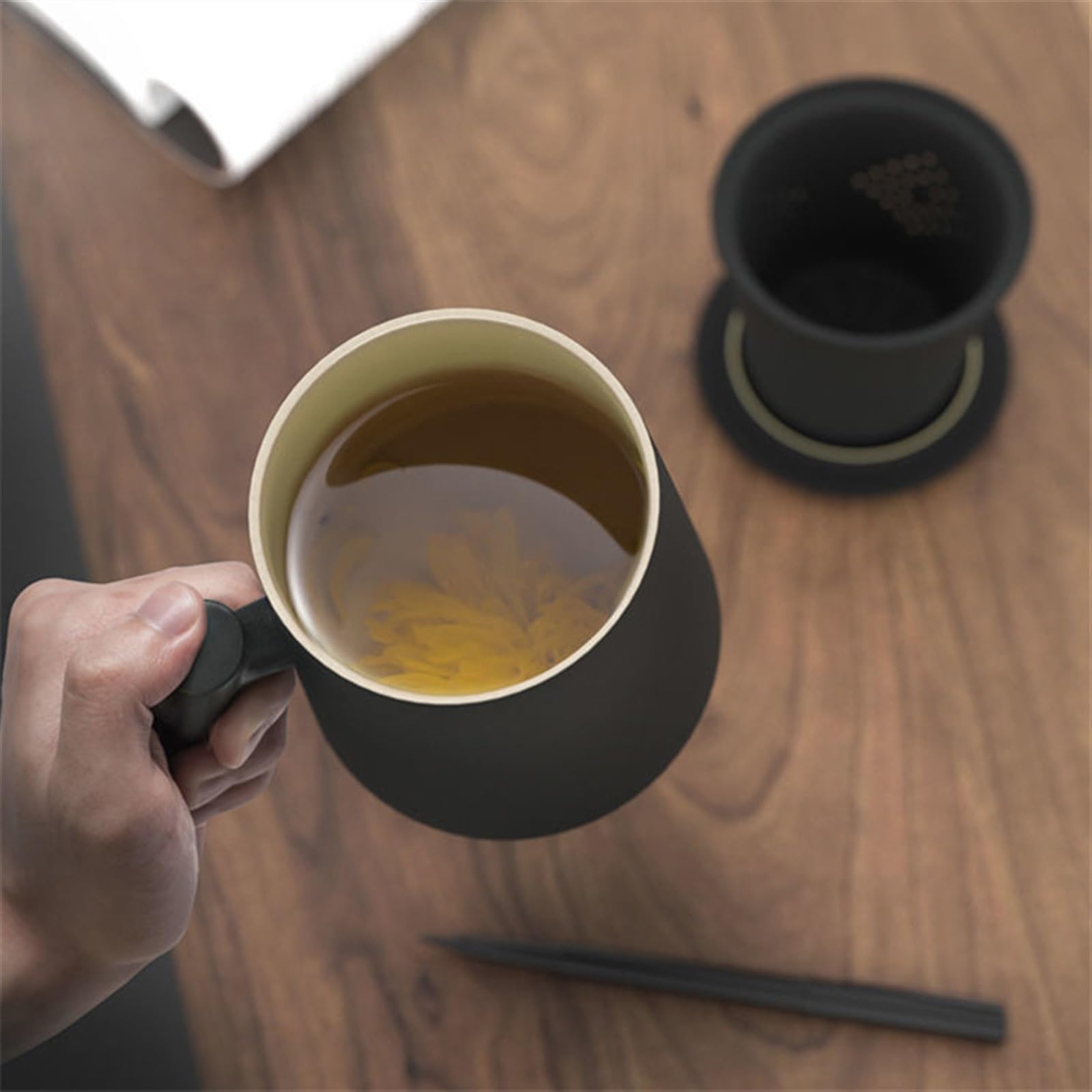 Taza de café Taza de té café cerámica con tapa filtro mango for regalos taza oficina porcelana casera Tazas de chocolate(Negro)