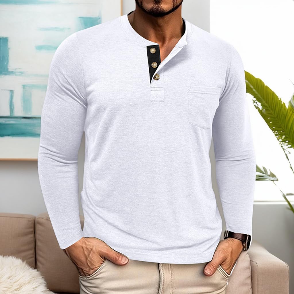 Mens Henley Shirts Long Sleeve Casual Fashion Classic Cotton T-Shirts Lightweight Button Tee Shirts with Pocket
