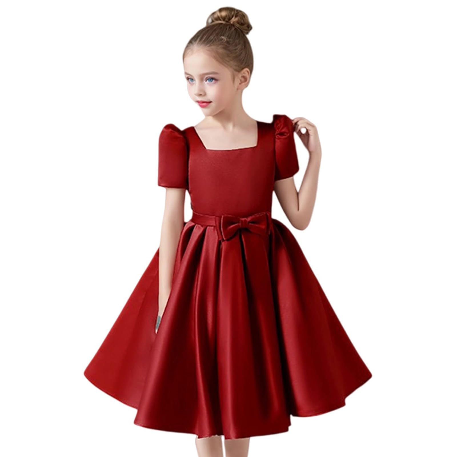 Abito da ragazza con scollo quadrato e punto smock a maniche corte abiti midi da sposa formali per bambini bambini a trapezio a pieghe con volant gonne a pieghe per feste di compleanno eleganti gonne