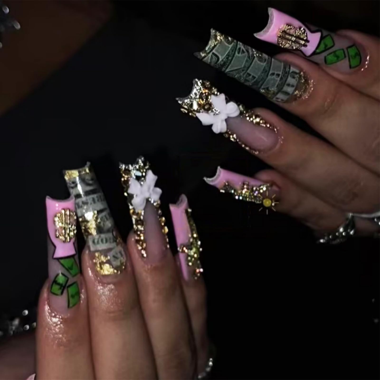 IMRAIN Long Square Press on Nails Pink French Tip Fake Nails with Designs Gold Charms & Rhinestone False Nails Glossy Glue on Nails Artificial Extra