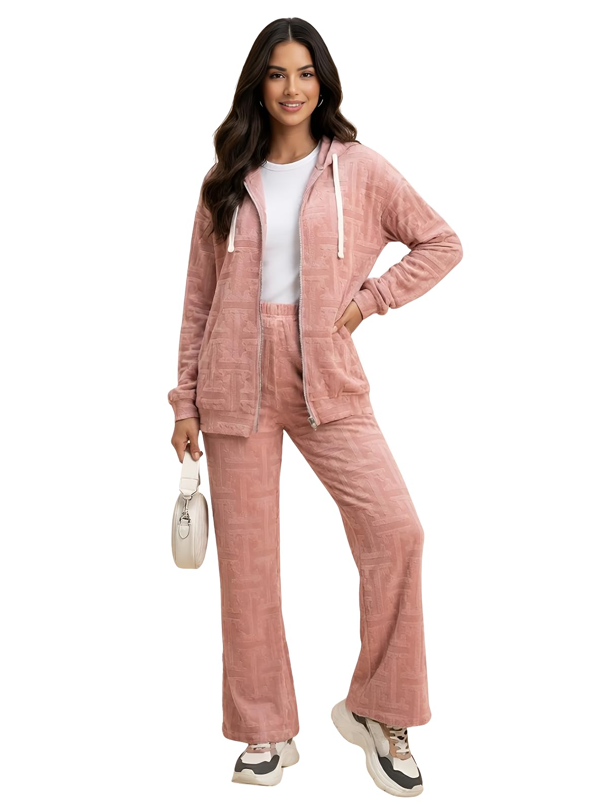Co-ord Set for Women Stylish | Lycra Jacquard Winter Hoodie set | Warm Hooded Hoodie & Pant Set | Drawstring Zip Up Hoodie with Pocket | Winter Casual Travel & Loungewear Outfit-image-6