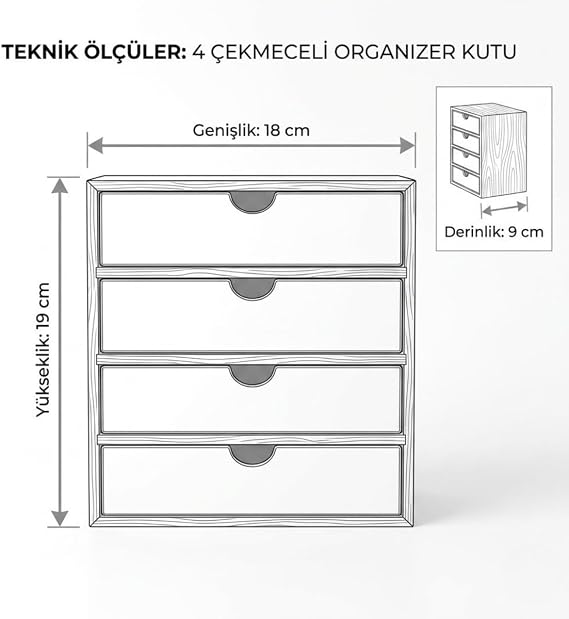 Bambu Çerçeveli 4 Çekmeceli Masaüstü Organizer, Beyaz, Makyaj ve Ofis Malzemeleri için