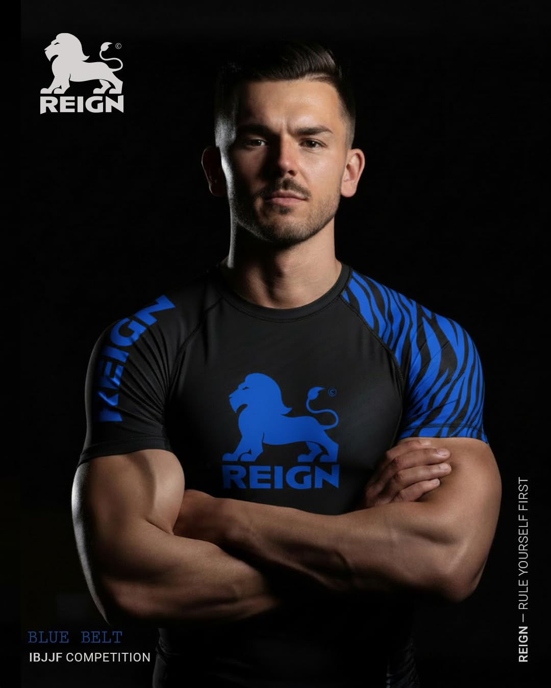 REIGN Tshirt Compression MMA BJJ Homme Ceinture Bleu