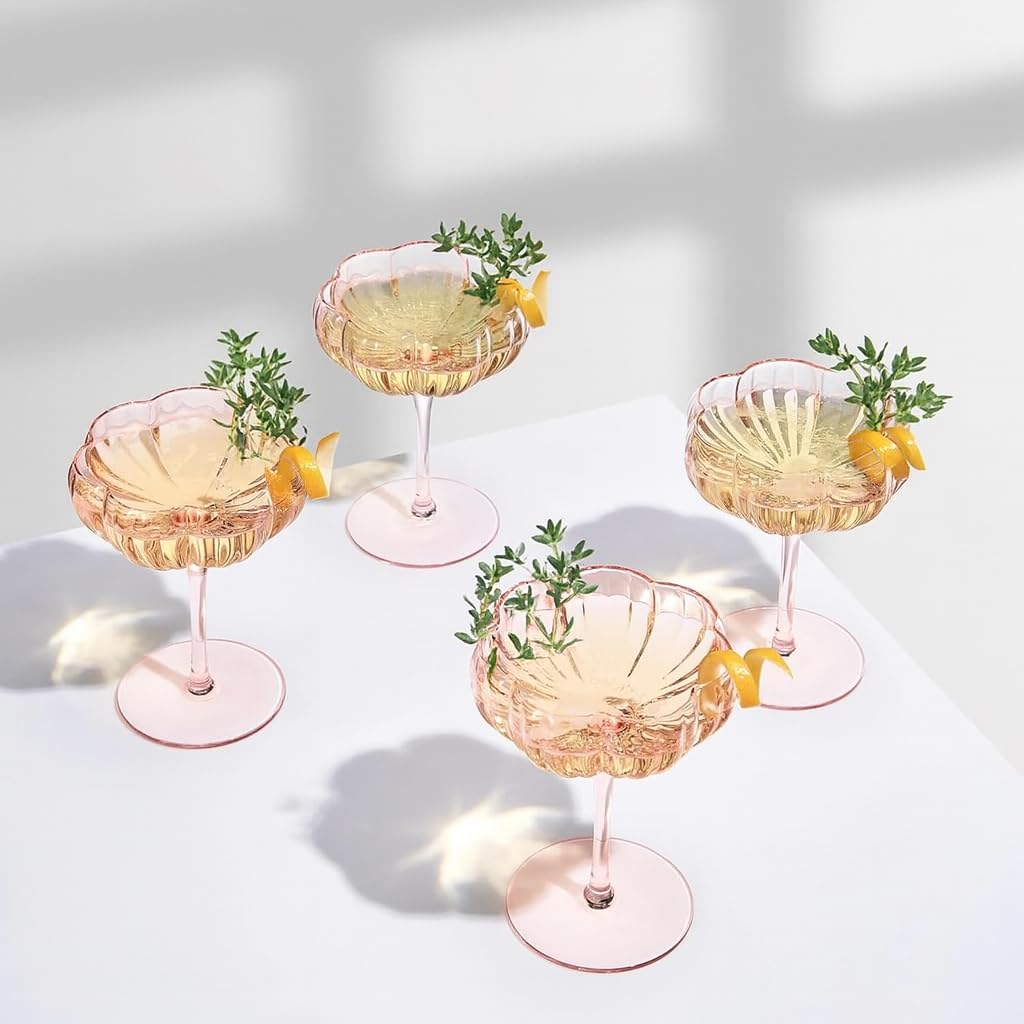 Khen Flower Modern Wavy Glass Coupes Martini, Champagne & Cocktail Coupes - Set of 4-7.7oz Colorful Cocktail Glasses & Prosecco, Mimosa Glassware