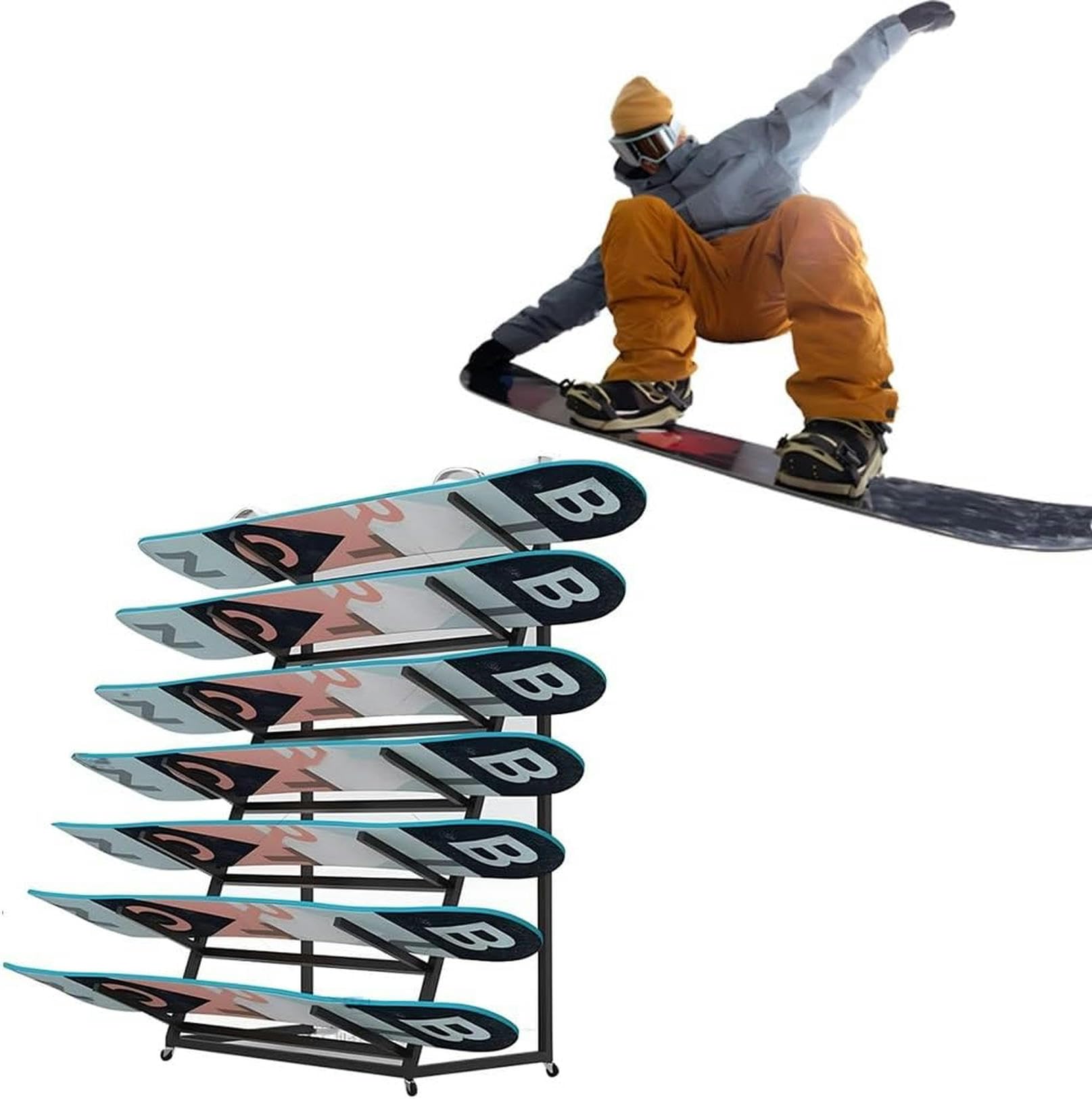 Freistehendes Snowboard- und Ski-Aufbewahrungsregal aus Metall für Garage oder Heim-Fitnessstudio – 4/5/6 Ebenen zur individuellen Organisation, robustes Dreiecksdesign für maximale Platzeff