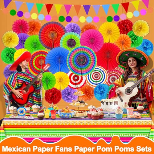 Image of TURNMEON 38 Pcs Fiesta Party Decorations, Mexican Party Decorations 18 Colorful Hanging Paper Fans 18 Pom Poms Pennant Garland String for Mexican Decorations Taco Tuesday Birthday Hawaiian Luau Party