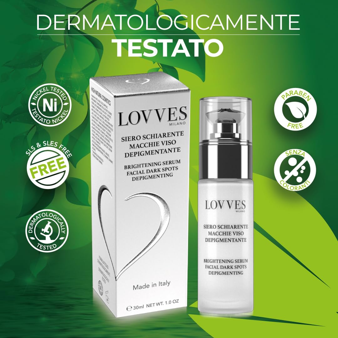 LOVVES Siero Viso Anti macchie, Schiarente, Alta Cosmesi Naturale, Depigmentante, Riduce le Ipercromie della Pelle, Previene la Formazione di macchie scure, Pelle più Uniforme e Luminosa, Flacone 30ml