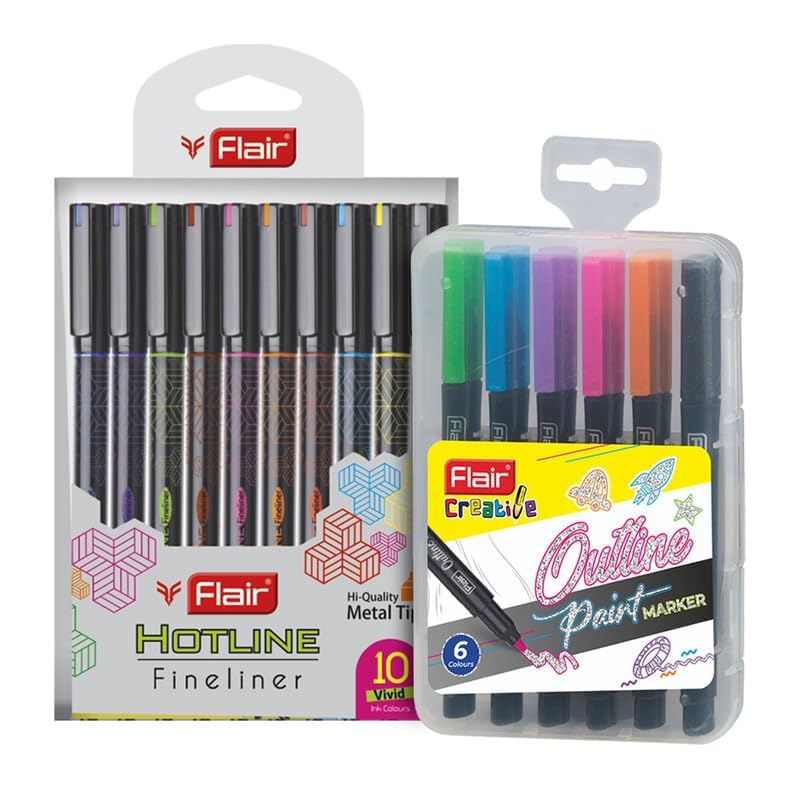 Image of FLAIR Creative Series 10 Vibrant Colourful Shades Hotline Fineliner & 6 Bright Colour Otline Pen Art Combo Pack | Ideal For Mandala, Doodling, Journal, Colouring, Painting, Multicolor