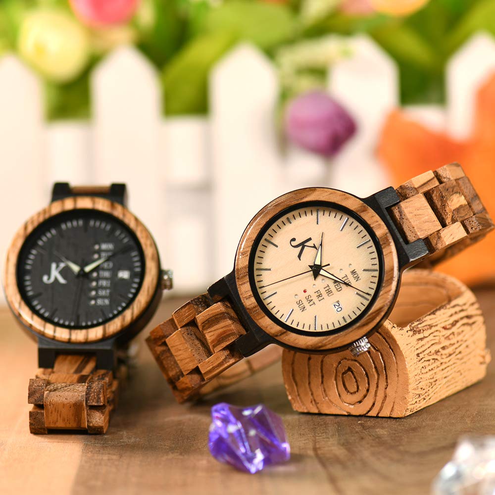 Kim Johanson Damen Holz-Edelstahl Armbanduhr *Light Week* mit Datum- & Tagesanzeige Handgefertigt Quarz Analog Uhr inkl. Geschenkbox