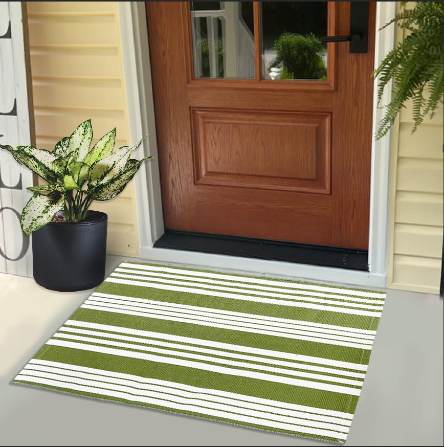 USTIDE Green and White Front Door Rug 23.6'' x 35'' Striped Layered Doormats Cotton Hand-Woven Reversible Outdoor Rug Washable Welcome Mats for Front