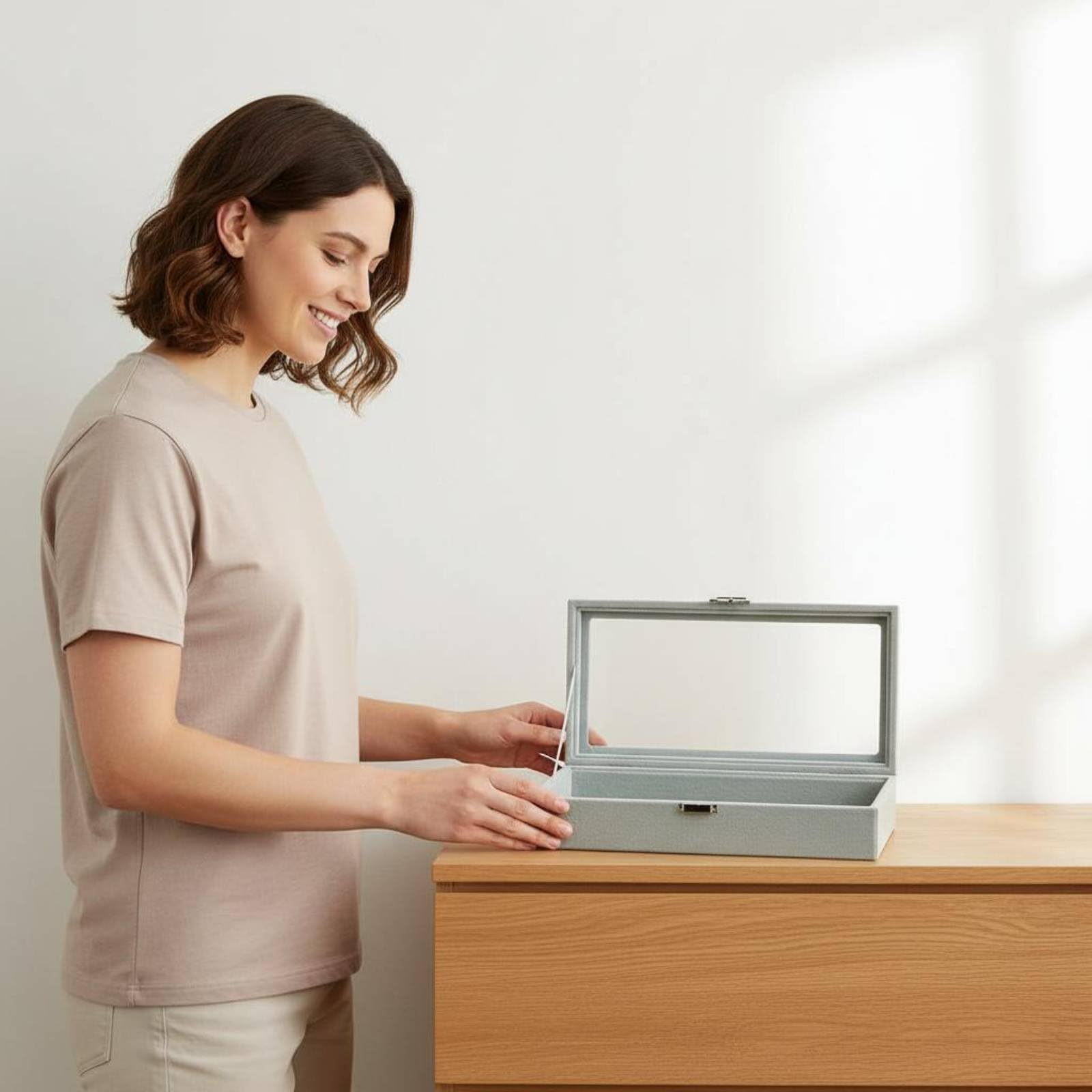 harayaa Brillen Aufbewahrungsbox Brillenetui Brillenorganizer Sonnenbrillenbox Schmuckkasten mit Pu Und Samt Futter Transparenter Deckel Und Metallverschluss, Weiß, Leder