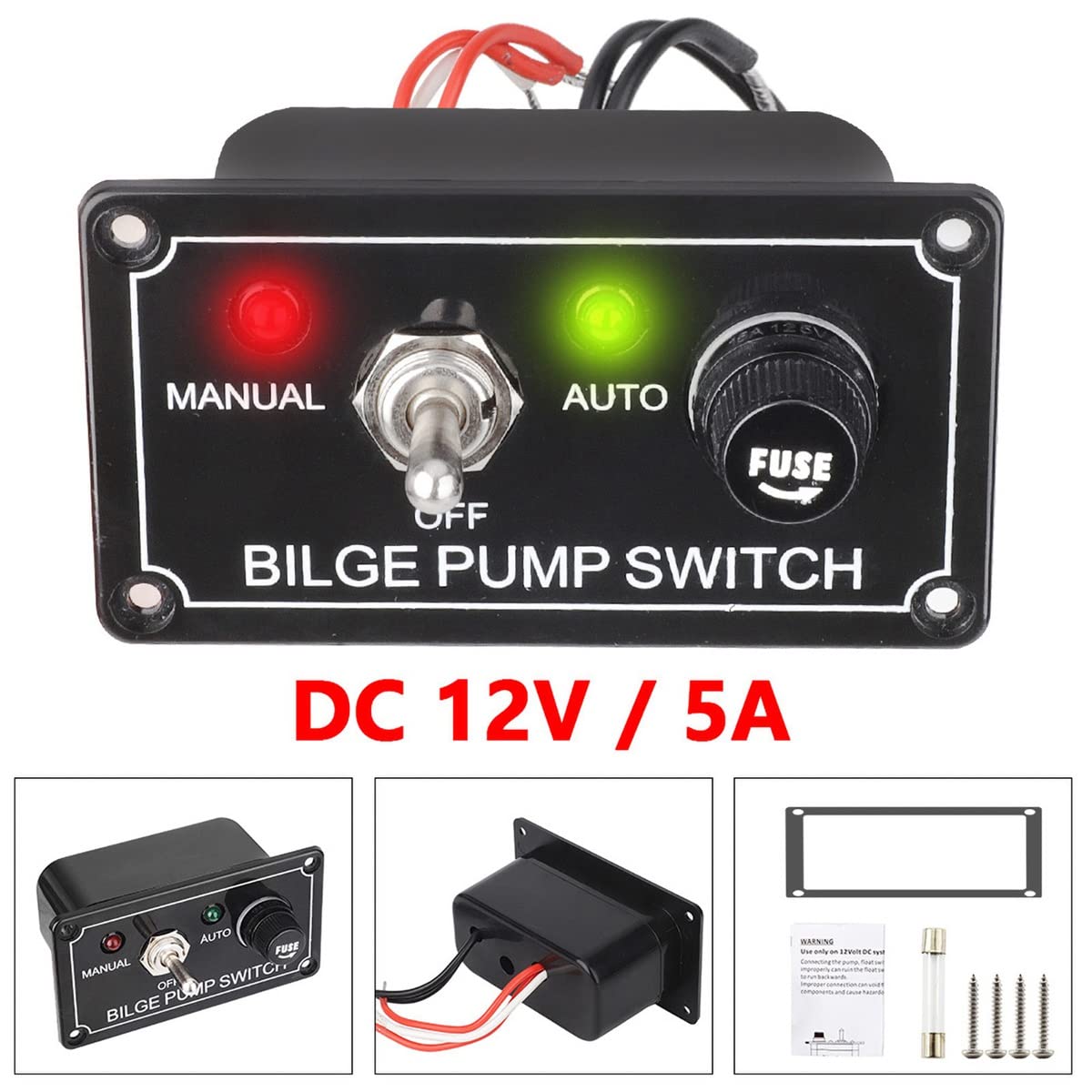 Panel de Interruptores de Bomba de Sentina Marina con Fusible de 12 V CC con Luz Indicadora LED Interruptor de Palanca Manual/Apagado/AutomáTico de 3 VíAs