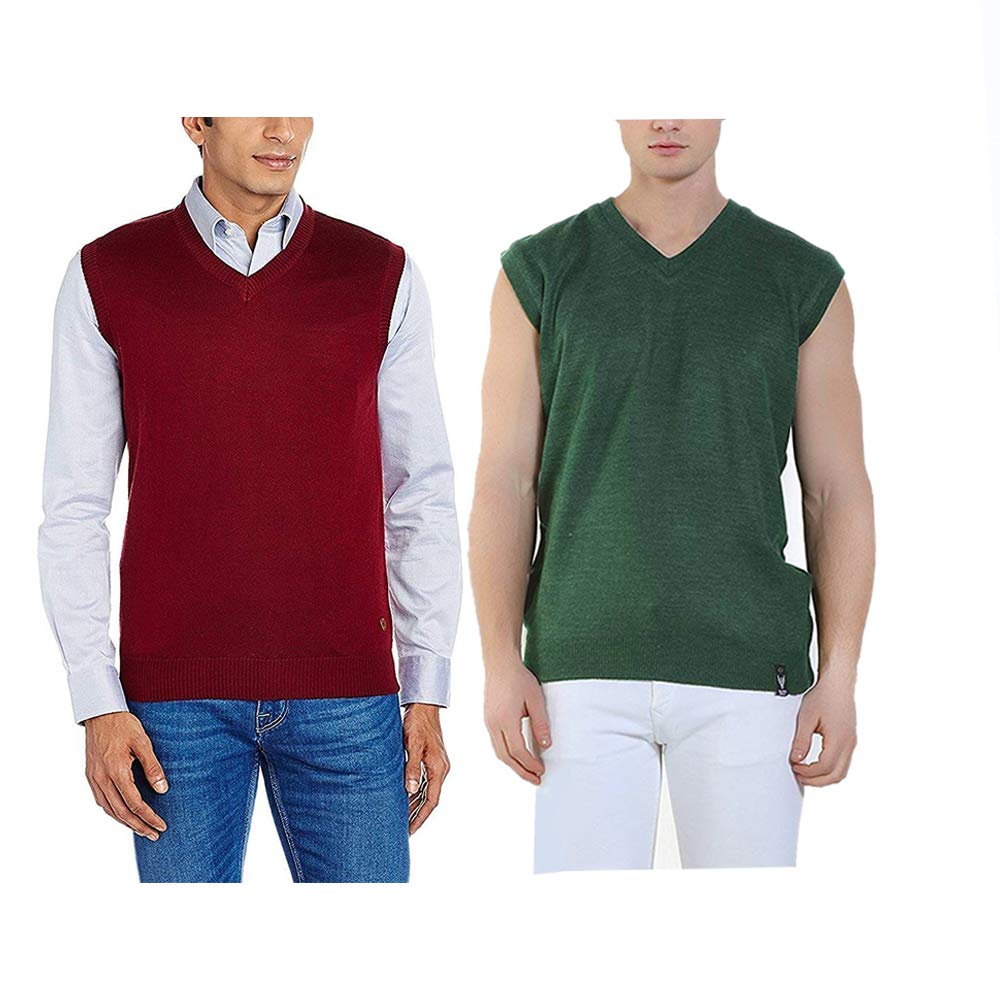 Men's Combo of Maroon-Blue and Grey-Green Woolen Reversible Sleeveless Sweater-image-16
