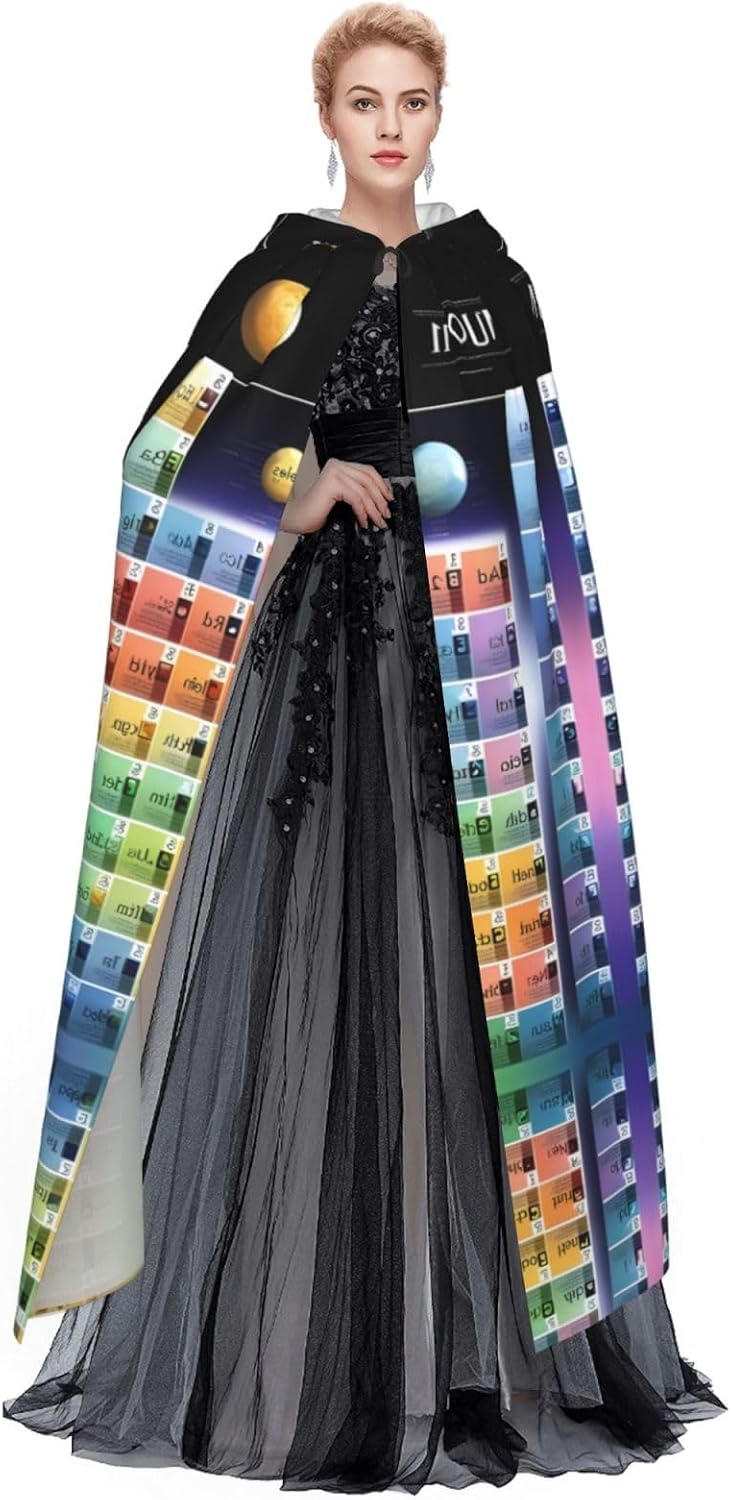 Periodic table of elements print Hooded Robe Cloak For Adult Men Women,Wizard Witch Cape Cosplay Halloween Costume