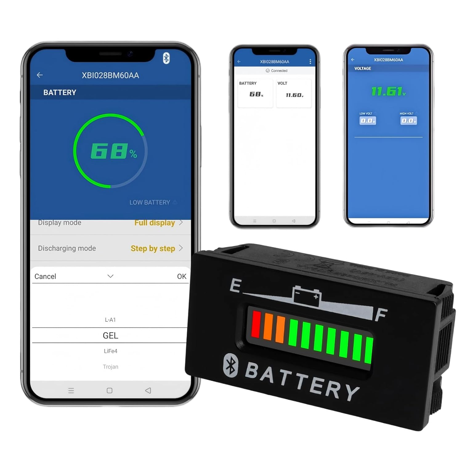 Runleader RL-BI028-BT DC 12V to 48V Bluetooth Shunt Battery Indicator Volt Meter, Works for Lead Acid,Gel,AGM,Trojian,LiFePO4 and 18650 Lithium Batteries.