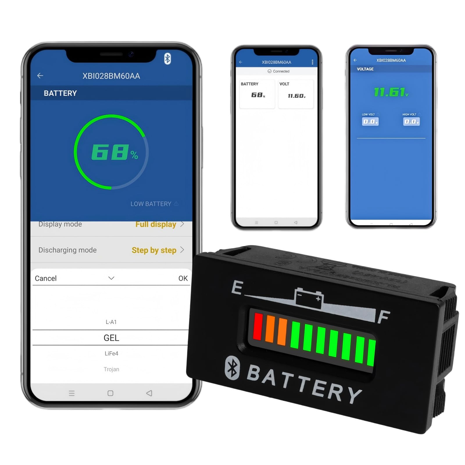 Runleader RL-BI028-BT DC 12V bis 48V Bluetooth Shunt Batterieanzeige Voltmeter, funktioniert für Blei-Säure, GEL, AGM, "Trojian", LiFePO4 und 18650 Lithium Batterien.