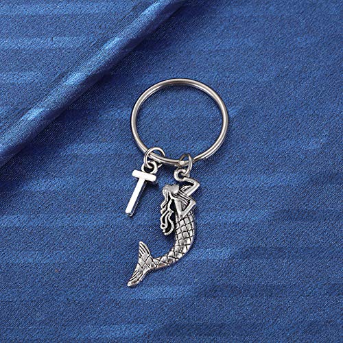 Initial Letter Mermaid Charm Keychain Tibetan Silver Mermaid Accessories Keyring for Girls Women3
