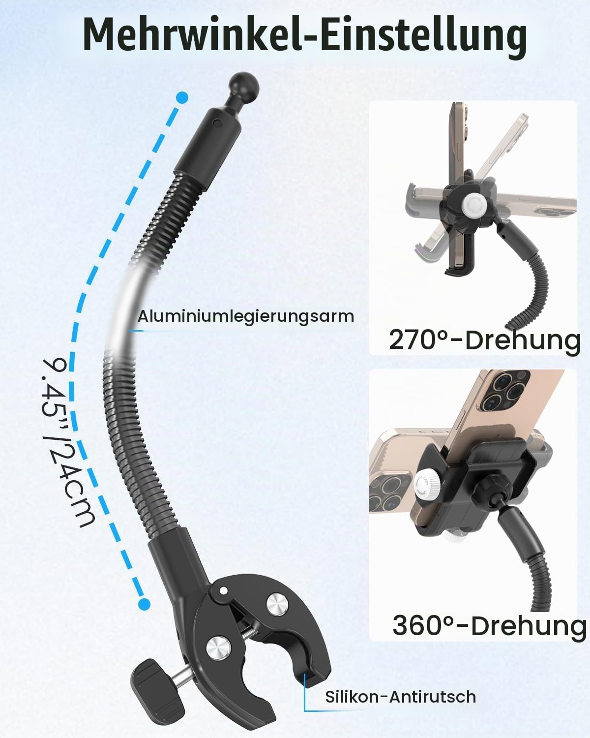 360° Drehbarer Metallteil Schwanenhals Handyhalterung Rollstuhl - [Gegen Absturz], Kinderwagen Telefonhalterung für All ​​Smartphone mit Dicker Hülle und iPhone 16 Pro Max/15/14/13/12